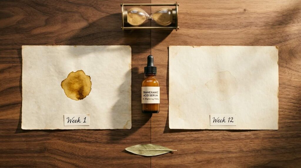 Aesthetic overhead still-life on warm walnut wood showing a diptych of two aged cream parchments labelled Week 1 and Week 12, the left with a dark concentrated watercolour stain and the right with the same stain faded to a pale ghost, with a small amber tranexamic acid dropper bottle standing upright between them and a brass hourglass at the upper edge in soft afternoon light