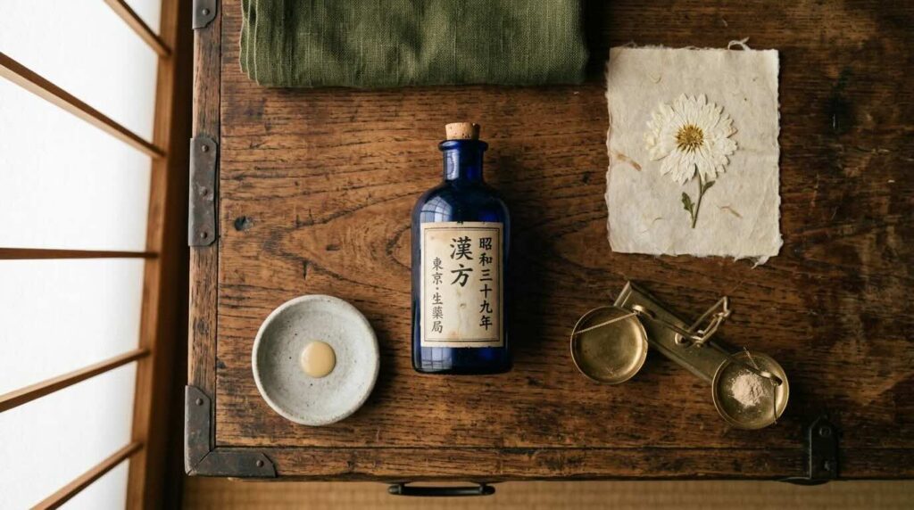 Aesthetic overhead still-life on a vintage Japanese tansu wooden chest with a vintage indigo cobalt-blue glass medical apothecary bottle labelled in kanji, a small ceramic dish of serum, a pressed white chrysanthemum on aged rice paper, and a small brass apothecary scale in soft shoji-filtered light