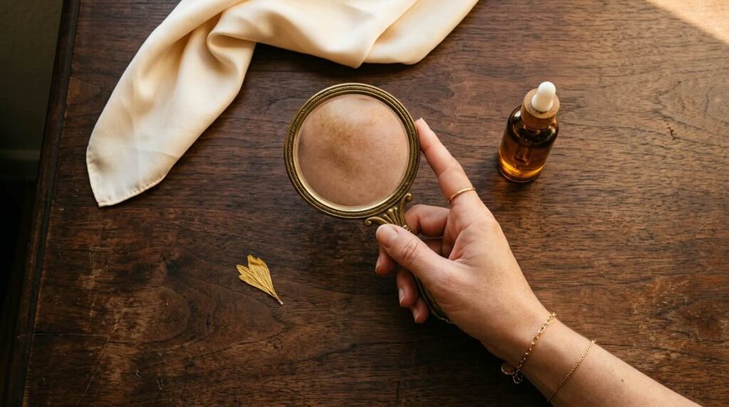Aesthetic overhead still-life of a woman's hand holding a small antique round brass hand mirror on a deep walnut vanity, the mirror reflecting a sliver of her cheekbone with faint pigmentation, beside a small amber dropper bottle and a folded warm cream silk scarf in soft afternoon light