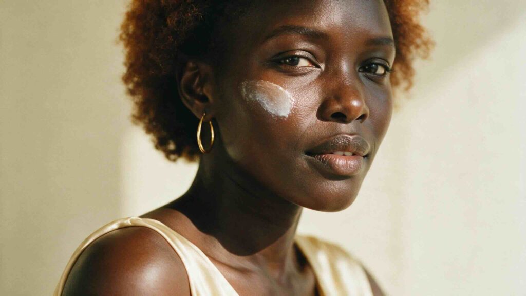 Editorial three-quarter portrait of a South Sudanese American woman in her late 30s applying tinted mineral sunscreen to her cheekbone with the formula blending seamlessly into deep warm brown skin proving the no-ghost-cast point in soft warm morning light against a warm cream wall