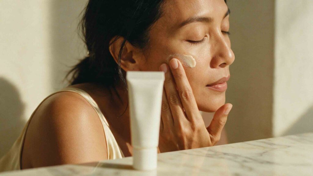 Editorial close-up portrait of an Indonesian woman in her early 40s pressing mineral tinted sunscreen into her cheekbone with her ring finger the formula blending seamlessly into warm-toned medium skin in soft warm afternoon light against a warm cream wall