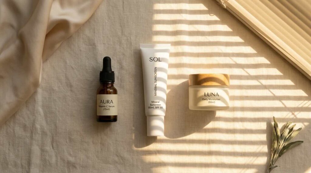 Morning vanity in soft light with serums and botanicals