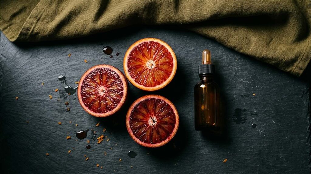 Editorial still-life of three halved blood oranges on a deep charcoal surface hyper-saturated juicy interiors revealed beside a single small amber-glass dropper bottle of vitamin C serum standing alone in dramatic raking side light