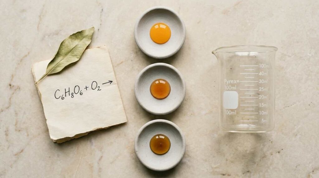 Macro still-life on warm cream marble of three small unglazed ceramic dishes in a row each holding a single droplet of vitamin C serum in different oxidation stages from bright orange to amber to deep brown beside a vintage glass apothecary measuring beaker in soft scientific north light