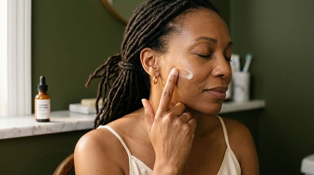 Editorial close-up portrait of a Black woman in her late 40s with locs gathered loosely back gently pressing a pale cream copper-peptide serum into her cheekbone with her ring finger in soft warm afternoon light against a deep olive wall