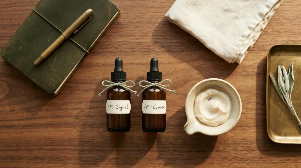 Aesthetic overhead still-life of an AM and PM peptide routine arranged on a walnut wood vanity with two amber serum dropper bottles labelled morning signal peptide and evening copper peptide, a small ceramic dish of cream moisturiser, a brass tray, and a folded warm cream linen napkin in soft afternoon light