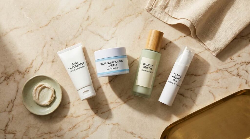 Aesthetic overhead still-life of four moisturiser containers in cream and pale sage on a warm cream marble countertop arranged in a soft arc with a folded warm cream linen napkin in soft morning window light
