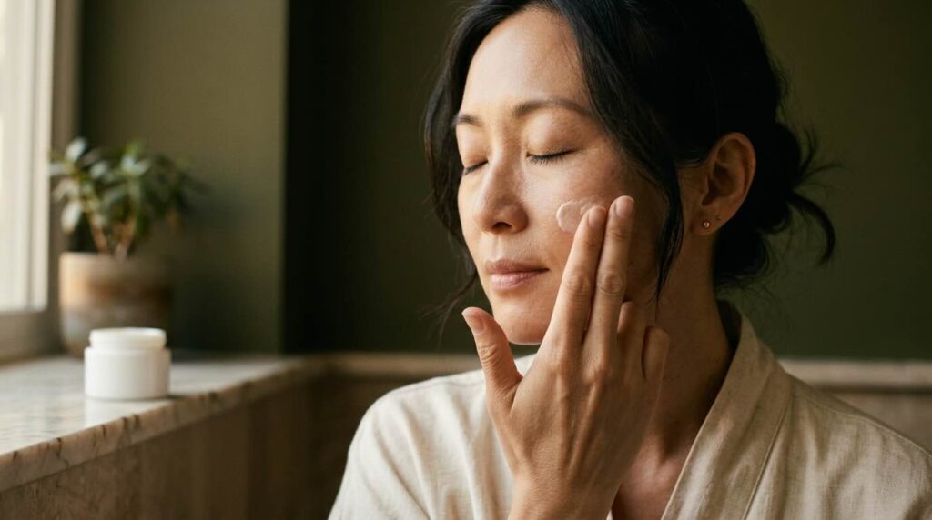 Editorial close-up portrait of a calm Korean-American woman in her early 40s pressing moisturiser onto her cheek with her ring and middle fingers in soft warm morning light against a deep olive wall, the bottle out of focus on a marble ledge beside her