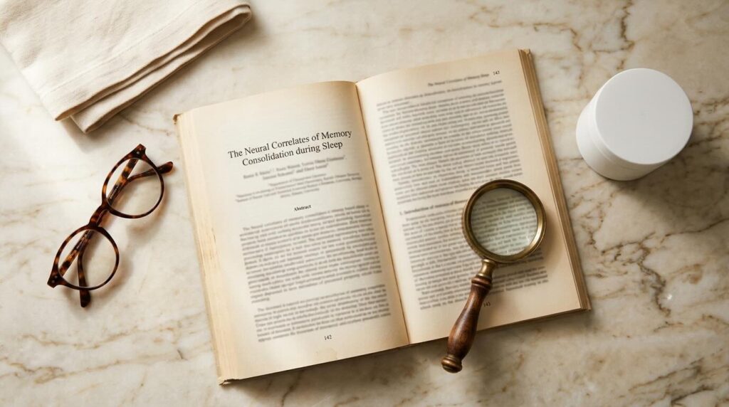 Aesthetic overhead still-life of an open scientific journal article on a warm cream marble countertop with round reading glasses, a brass magnifying glass, and a small CeraVe-sized white moisturiser bottle in soft morning window light