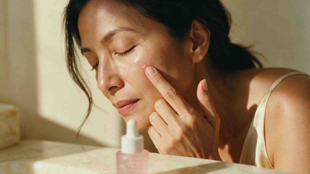 Editorial close-up portrait of a Filipino-American woman in her late 40s pressing a droplet of pale-pink PDRN serum into her high cheekbone with her ring finger in soft warm afternoon light against a warm cream wall