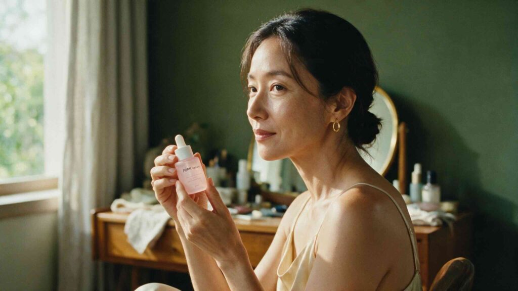Editorial three-quarter portrait of a Korean-Chilean woman in her early 40s at her vanity holding a small pale-pink frosted dropper bottle of PDRN serum in soft warm morning window light against a deep olive wall with real skin texture preserved