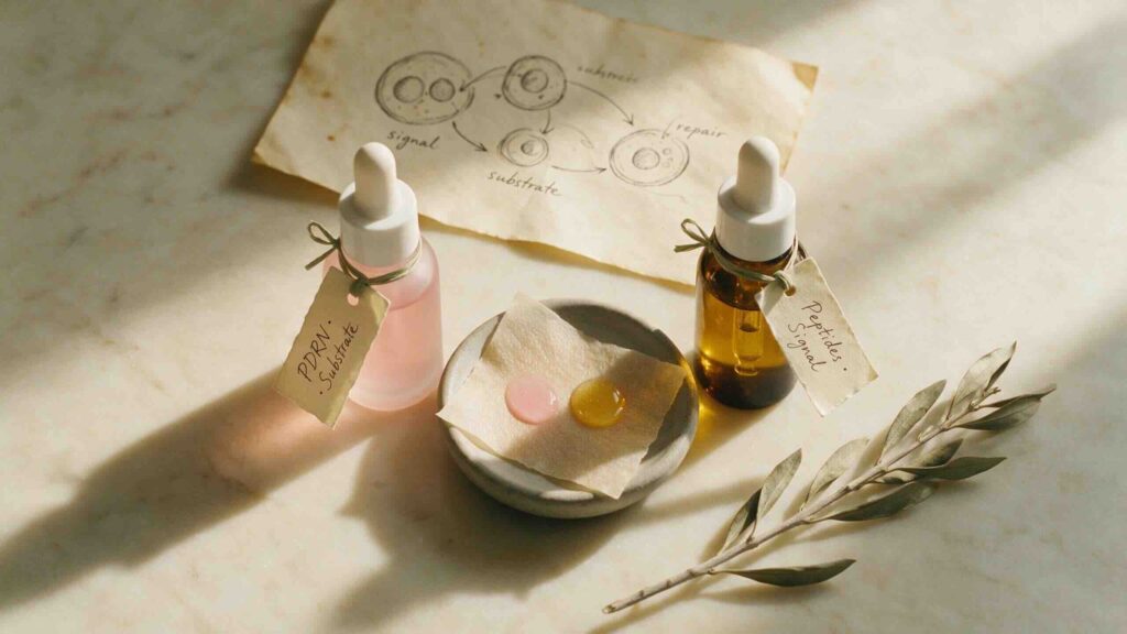 Aesthetic overhead still-life on warm cream marble of two small dropper bottles side by side one pale-pink PDRN serum and one amber peptide serum with handwritten cream paper tags labelled Substrate and Signal tied with sage twine in soft afternoon light