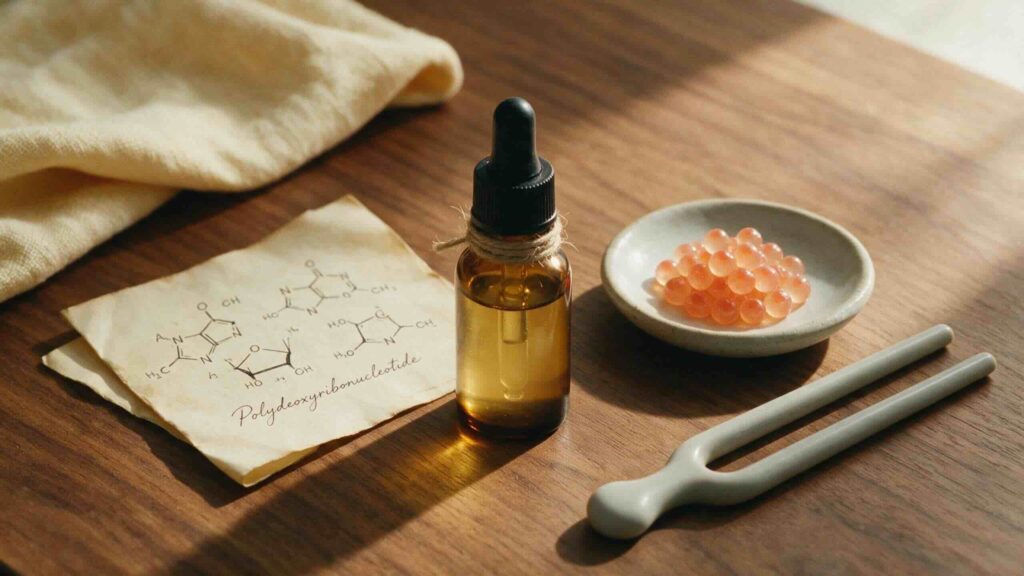 Aesthetic overhead still-life on warm walnut wood of a small amber dropper bottle of PDRN serum beside a pale-pink dried salmon roe cluster in a small unglazed ceramic dish and a folded piece of cream parchment with hand-drawn nucleotide molecular structures in fountain-pen ink in soft afternoon light