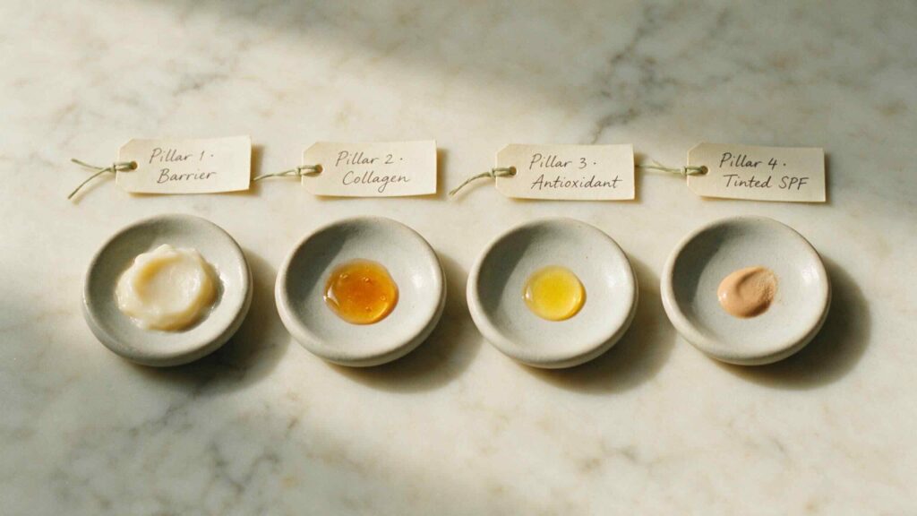 Aesthetic overhead still-life on warm cream marble of four small unglazed ceramic dishes in a precise horizontal row each labelled with a handwritten paper tag for the four perimenopause skincare pillars barrier support collagen support antioxidant defence and tinted mineral SPF in soft north light