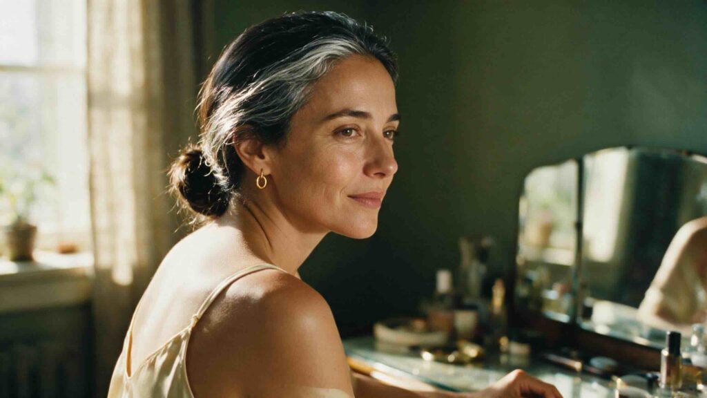 Editorial three-quarter portrait of a Chilean-Italian woman in her mid 40s seated at her morning vanity with real skin texture preserved showing the natural characteristics of perimenopausal skin and silver strands visible in her dark hair pulled loosely back in soft warm morning window light against a deep olive wall