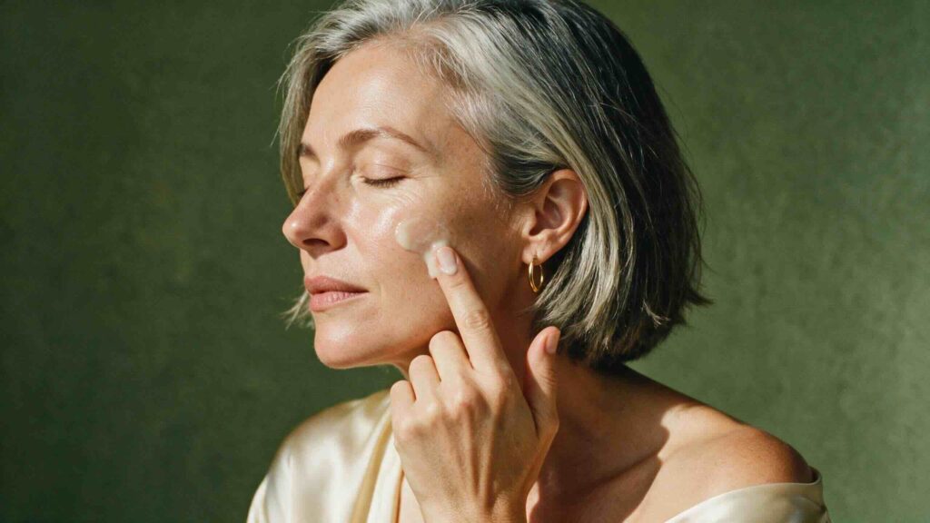 Editorial close-up portrait of a woman in her late 40s with silver streaked chin length hair pressing pale ivory peptide serum into her cheekbone with her ring finger in soft warm afternoon window light against a deep olive wall real skin texture preserved