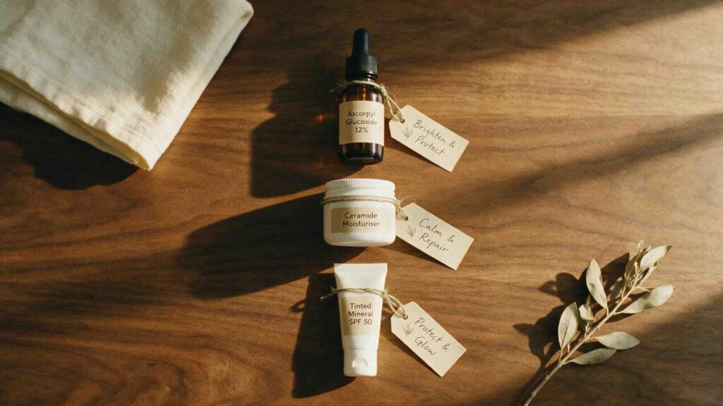 Aesthetic overhead still-life on warm walnut wood of the perimenopause three-product routine arranged in a precise vertical column showing ascorbyl glucoside serum ceramide moisturiser and tinted mineral SPF with small handwritten paper tags in soft afternoon window light