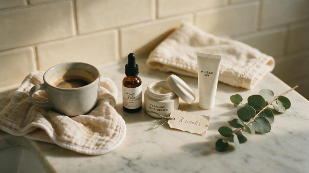Aesthetic three-quarter angled still-life of a warm cream marble bathroom counter at dawn with a small ceramic mug of cold coffee a folded muslin swaddle cloth a small dropper of azelaic acid a tub of ceramide moisturiser a mineral SPF tube and a single dried eucalyptus sprig arranged as a lived postpartum morning scene in soft dawn light