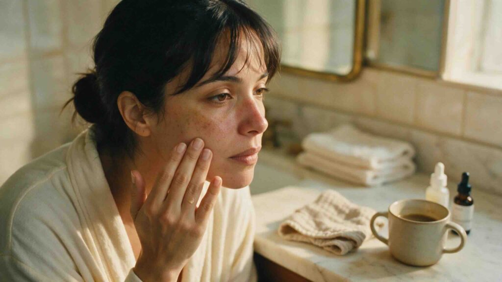 Editorial three-quarter portrait of a Puerto Rican woman in her early 30s standing at her bathroom mirror in the soft warm dawn light of very early morning, framed from mid-chest to just above the top of her head. She wears a soft warm cream cotton robe with the collar slightly askew, one hand pressing a droplet of azelaic acid serum onto her cheekbone with her ring finger. Real postpartum skin texture preserved with quiet honesty, visible melasma patches across the tops of her cheekbones and forehead in soft warm brown, a hint of hormonal breakout along the jawline, mild barrier reactivity showing as light warmth on the nose bridge, faint dark circles under her eyes. Dark hair pulled back loosely into a low bun with baby-hair strands falling forward. No makeup. Her expression is quiet and focused, not tired-looking-sad but present-caring-for-herself in a stolen five-minute window. On the pale warm cream marble counter beside her, a small folded muslin swaddle cloth in oatmeal, a half-empty ceramic mug of coffee gone lukewarm, and two small dropper bottles of skincare. Behind her, softly out of focus, a folded stack of pale cotton towels. Warm cream tile wall in soft focus. The mirror frame is warm brass, catching soft dawn light. Shot on 35mm film with beautiful natural grain, fine to medium grain structure, organic and atmospheric, not digital noise. 1970s analog photography aesthetic. Warm film color palette reminiscent of Kodak Portra 400. No lens flares, no light leaks, no digital sharpness. Rich shadow detail with soft highlight rolloff. Shallow depth of field with her cheekbone and the fingertip in sharp focus, everything else falling gently soft. 16:9 horizontal, 1376 × 768.