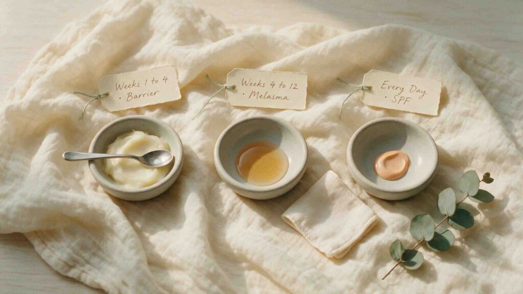 Aesthetic overhead still-life on a warm cream cotton throw of three small stoneware bowls arranged in a horizontal row each holding a different postpartum skincare phase phase one a rich ceramide balm phase two a droplet of azelaic acid serum phase three a small dab of tinted mineral SPF with handwritten cream paper tags tied with sage twine labelling the weeks