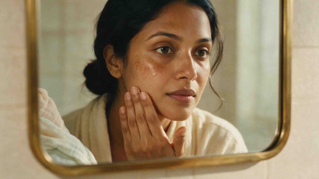 Editorial close-up portrait framed only through the reflection of a brass bathroom mirror showing a Bengali-American woman in her mid 30s pressing a droplet of azelaic acid onto her postpartum melasma patches on her cheekbone in soft warm dawn light with real skin texture and pigmentation preserved
