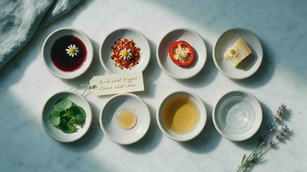 Aesthetic overhead still-life on a pale cool marble surface of two horizontal rows of small unglazed ceramic dishes the upper row holding common rosacea trigger substances a small pool of red wine a chili flake pile a hot pepper cross-section and a tiny wedge of aged cheese with a single dried chamomile flower across each and the lower row holding calming antidotes fresh centella leaves azelaic acid droplet chamomile tea and thermal spring water in soft cool afternoon light