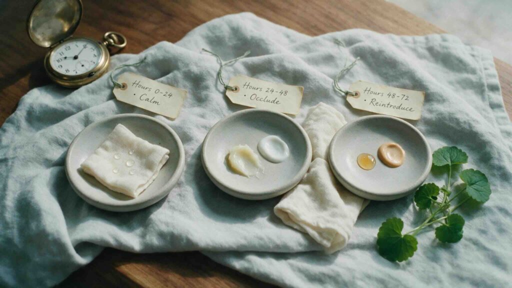 Aesthetic overhead still-life of a 72-hour recovery timeline arranged as three ceramic dishes across a folded pale-grey cotton cloth each dish holding the essentials for that phase hours 0 to 24 a folded cold compress with thermal water hours 24 to 48 a rich occlusive balm and simple moisturiser hours 48 to 72 a gentle serum and mineral SPF each with handwritten paper tags labelling the hours in cool afternoon light