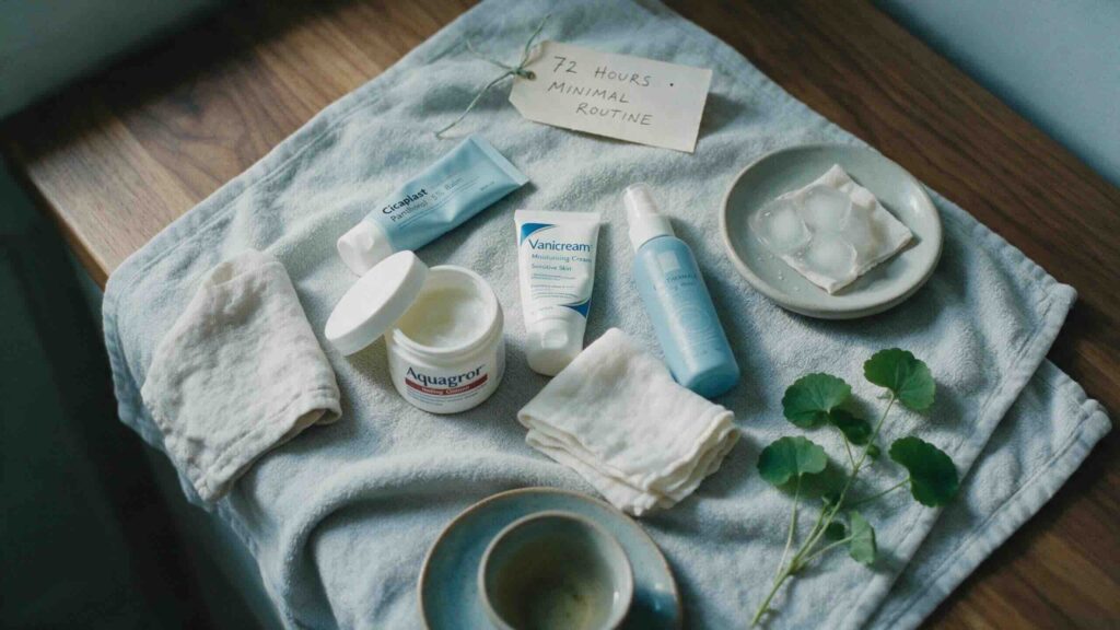 Aesthetic overhead still-life of an unpacked skin barrier emergency care kit laid out on a folded soft grey cotton kitchen towel showing a small tube of Cicaplast a jar of Aquaphor a tube of Vanicream a spray of thermal spring water a small ceramic dish of ice cubes wrapped in cotton a folded muslin cloth and a small handwritten paper tag reading 72 hours in fountain-pen ink in cool afternoon light