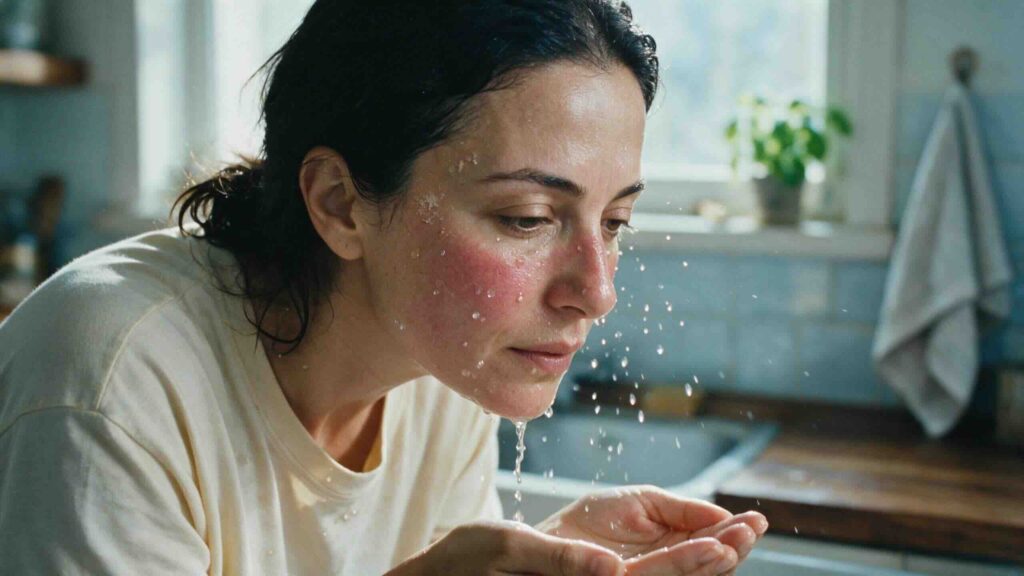 Editorial three-quarter portrait of a Turkish-Cypriot woman in her early 40s at her kitchen sink splashing cool water onto her face with wet hair and water droplets suspended mid-air catching cool afternoon window light with visible barrier reactivity on her cheeks and honest domestic setting behind her
