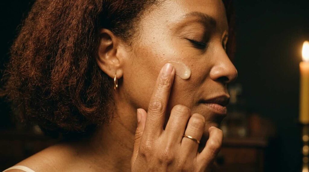 Editorial close-up portrait of a Black woman in her early 40s with chin-length auburn-toned dark hair gently pressing pale ivory peptide serum into her cheekbone with her ring finger her face half lit by warm golden candlelight from a single candle just out of frame and half in deep velvet shadow capturing the intimate ritual moment of a nightly skincare practice