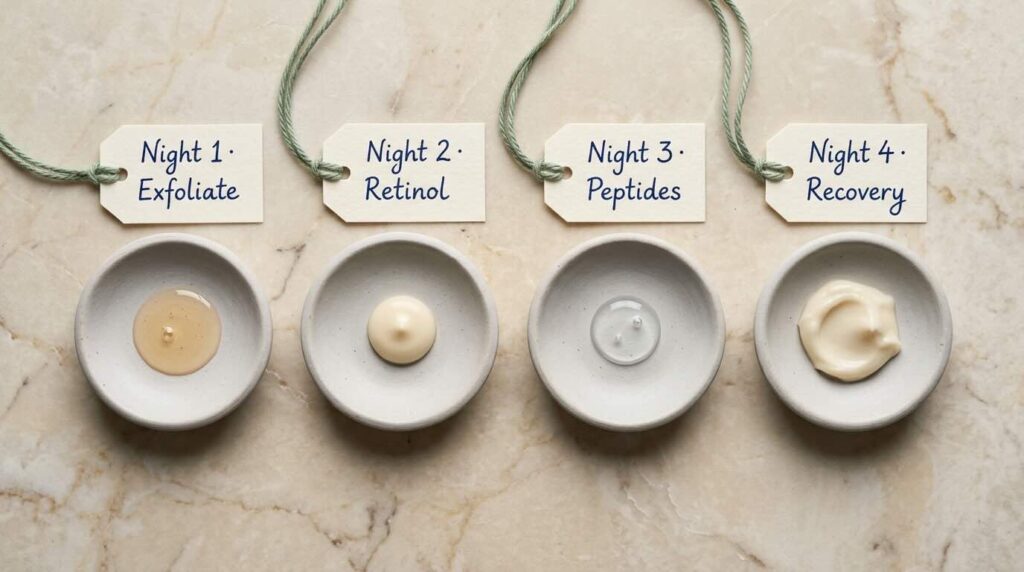 Macro overhead still-life on warm cream marble of four small unglazed ceramic dishes in a precise horizontal row each holding a different ingredient an amber exfoliant droplet a pale ivory retinol cream a clear peptide gel and a thick opaque recovery balm with small handwritten paper tags labelling each as Night 1 through Night 4 in soft north light