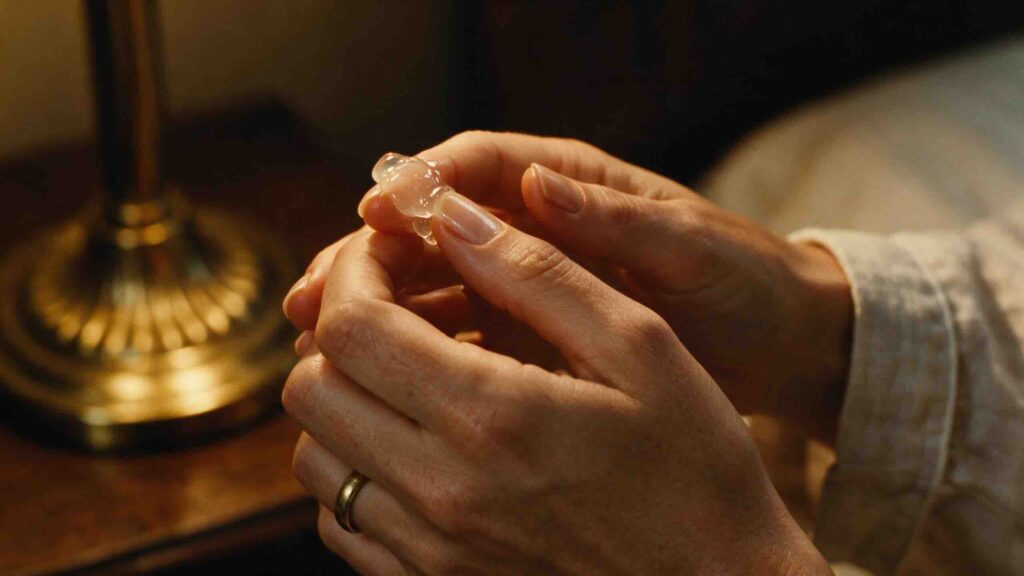 Editorial extreme close-up of a woman's hands warming a small dollop of petroleum jelly between two fingertips catching soft warm tungsten bedside lamp light with the delicate texture of the occlusive product visible in the glowing sheen against a shadowed dark background