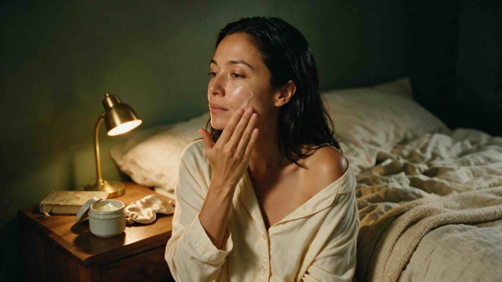 Editorial three-quarter portrait of a Japanese-Brazilian woman in her late 30s sitting on the edge of her linen-dressed bed at night in soft warm tungsten bedside lamp light applying a final occlusive layer with a small ceramic tub of petroleum jelly visible on the nightstand against a shadowed deep olive wall