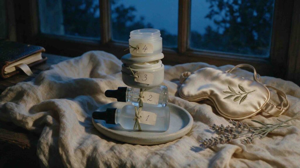 Aesthetic still-life of the four-step slugging layering sequence arranged as a vertical stack on a small ceramic tray with hyaluronic acid essence at the bottom niacinamide serum above ceramide moisturiser above and petroleum jelly on top each with a small handwritten cream paper tag numbered one through four in fountain-pen ink beside a folded silk sleeping mask on warm linen in shadowed evening window light