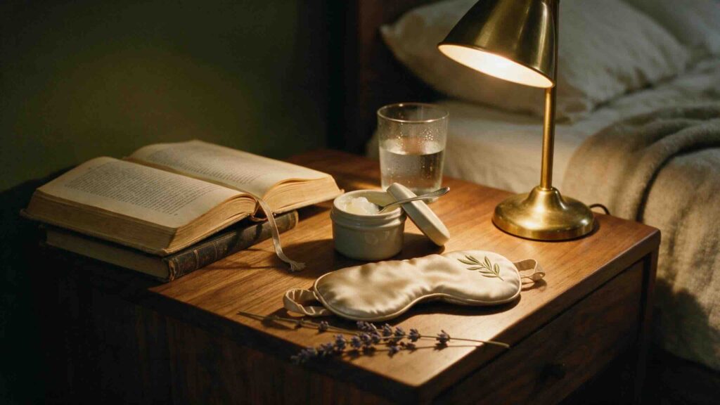 Aesthetic three-quarter angled still-life of a walnut wood nightstand at night with a small ceramic tub of petroleum jelly beside a warm brass bedside lamp a small folded silk sleeping mask a novel with fabric bookmark a half-full glass of water and a single sprig of dried lavender arranged as an evening ritual scene in warm tungsten light