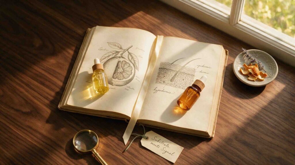 Aesthetic overhead still-life of an open vintage botanical illustration book showing an anatomy of layered skin diagram with a small dropper of vitamin C serum resting on the left page a small dropper of peptide serum resting on the right page and a folded ribbon bookmark between them with a handwritten paper tag reading Substrate meets Signal in fountain-pen ink on a warm walnut wood surface in soft afternoon light