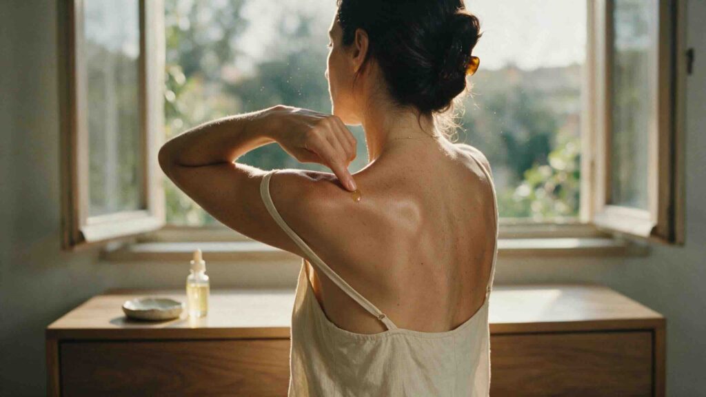 Editorial three-quarter portrait shot from behind and slightly to the side of an Argentine-Italian woman in her late 30s with her hair pinned up reaching her hand over her shoulder to press peptide serum into her collarbone with the second vitamin C dropper visible on a low pale walnut dresser in soft warm morning light in front of an open window