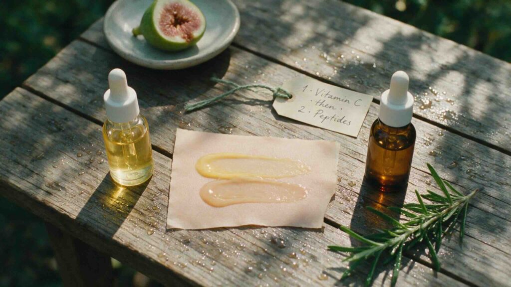 Aesthetic overhead still-life of a pale skin-toned canvas swatch card on a weather-beaten wooden garden table outdoors in soft morning shade showing a golden vitamin C serum stripe with an amber peptide serum stripe layered partially over it in visual proof of compatible layering with the two dropper bottles standing beside the card and morning dew still on the wood