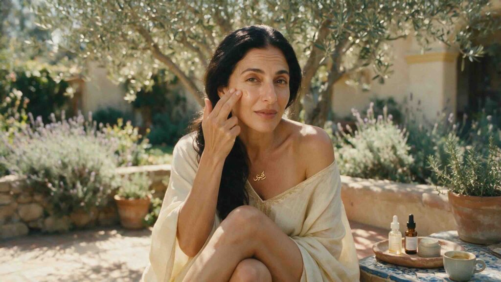 Editorial three-quarter portrait of a Persian-American woman in her mid 40s seated on a warm terracotta patio bench in a Southern California Mediterranean garden with olive trees and lavender in soft warm morning light pressing retinal serum into her cheekbone with a small ceramic tray of skincare products on the small tiled side table beside her