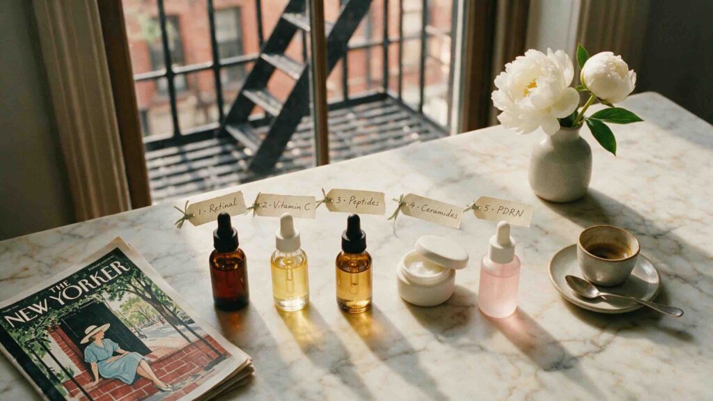 Aesthetic overhead still-life of the five collagen-rebuilding ingredients arranged on a warm carrara marble kitchen island in a Manhattan West Village brownstone with a black cast-iron fire escape and a red-brick facade visible through the window in soft warm morning light with a small vase of white peonies and a folded copy of the New Yorker beside the products