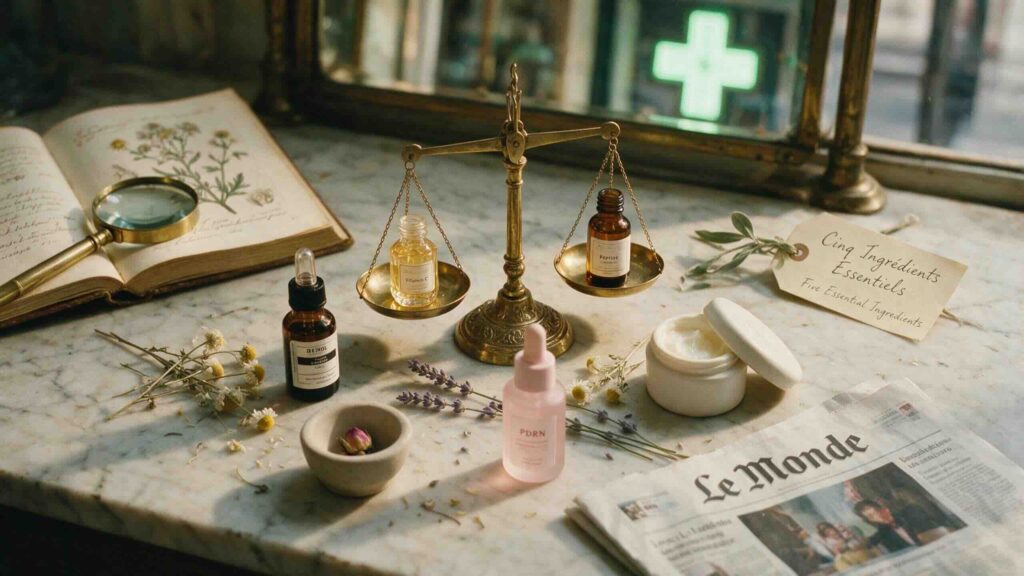 Aesthetic overhead still-life on the marble counter of a Parisian pharmacie showing the five collagen-rebuilding ingredients arranged as an old apothecary formulation with vintage brass laboratory scales dried herbs a folded French newspaper and a handwritten paper tag in fountain-pen ink reading Cinq Ingrédients Essentiels in soft warm afternoon light with the pale-green pharmacy cross visible in the reflection of a mirror behind the counter
