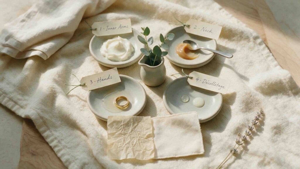 Aesthetic overhead still-life on a folded soft warm cream cotton throw draped over a pale walnut surface showing four small unglazed ceramic dishes each representing one crepey-skin body zone arms neck hands and décolletage with a signature product dab in each and small handwritten cream paper tags in fountain-pen ink labelling each zone in soft warm morning light