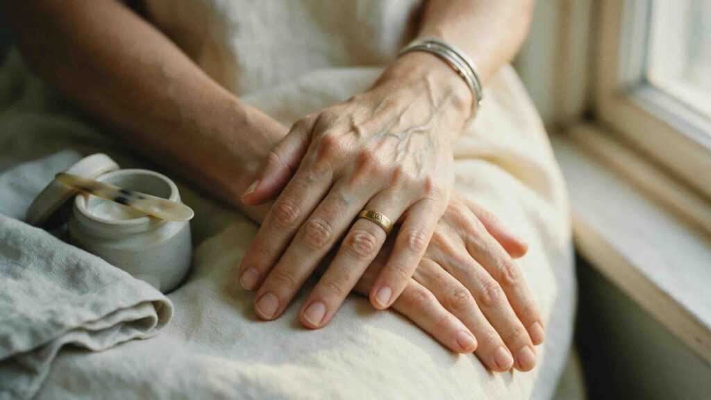 Editorial extreme close-up macro of a woman's hands folded gently in her lap on soft warm cream linen fabric showing the delicate texture of post-menopausal hand skin the tracery of veins the thin fingers and a delicate gold wedding band with a small ceramic jar of ceramide hand cream just visible beside a folded pale linen napkin in soft warm afternoon window light