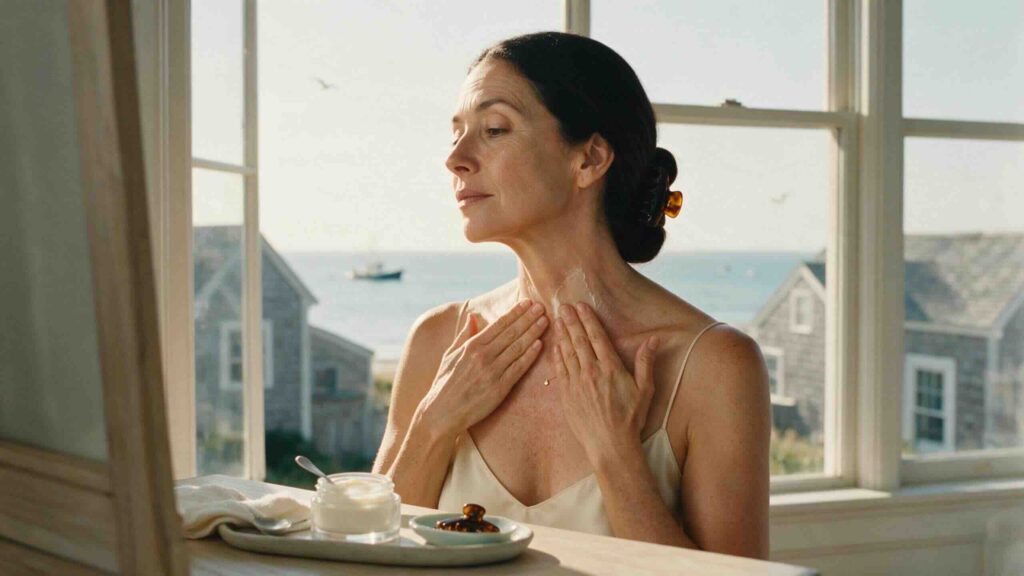 Editorial three-quarter portrait of a Mexican-American woman in her early 50s standing at her Nantucket coastal bedroom window in soft warm morning light applying rich peptide neck cream to her collarbone and décolletage with the flat of both hands in slow upward strokes from the base of the collarbone toward the jawline face fully visible looking down at the motion with visible neck and décolletage skin texture honestly preserved