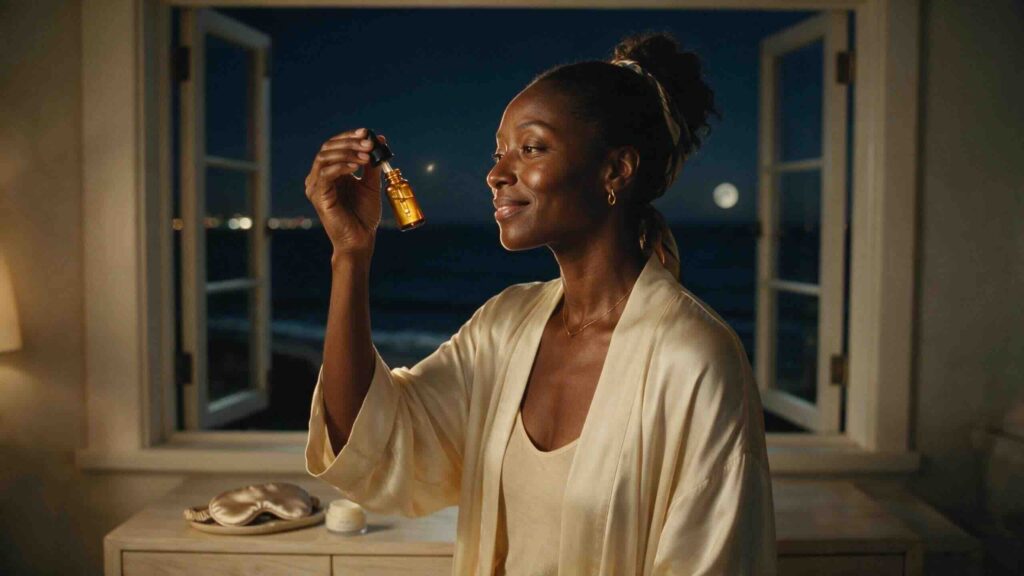 Editorial three-quarter portrait of a Nigerian-American woman in her early 40s standing at an open window in a Malibu beach house bedroom at night in soft warm bedside lamp light holding a small amber retinal dropper up at eye level between her thumb and forefinger examining the pale amber serum inside against the warm lamplight her face partially in profile watching the drop settle