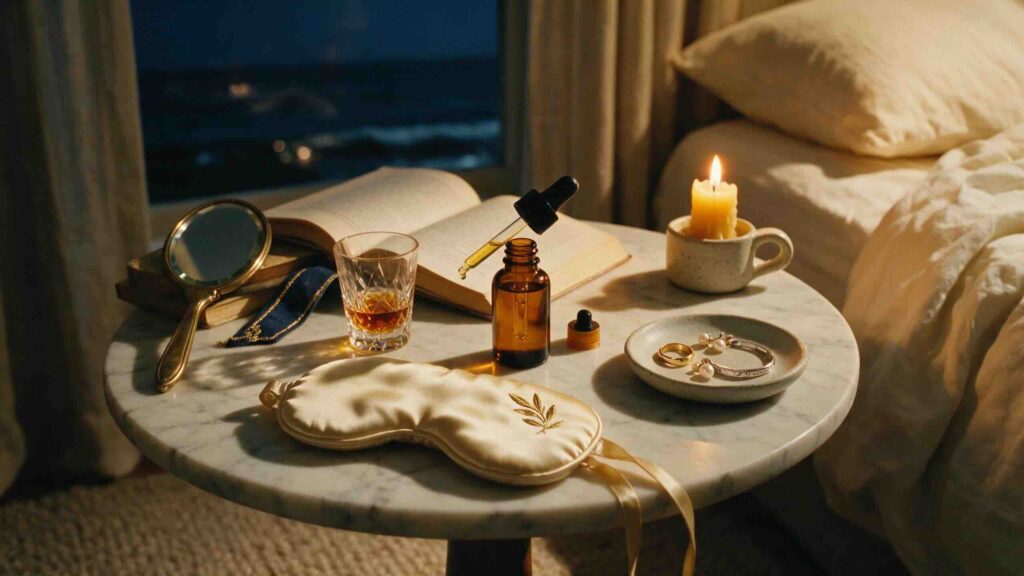 Aesthetic three-quarter angled still-life of a small round pale marble bedside table in a coastal bedroom at night with an open amber retinal dropper a nearly-empty crystal cordial glass with the last of an amaro a paperback novel open face-down a small ceramic dish holding a delicate gold wedding band and pearl earrings a folded silk sleeping mask a small brass hand mirror and a nearly-burned beeswax candle in warm bedside lamp light