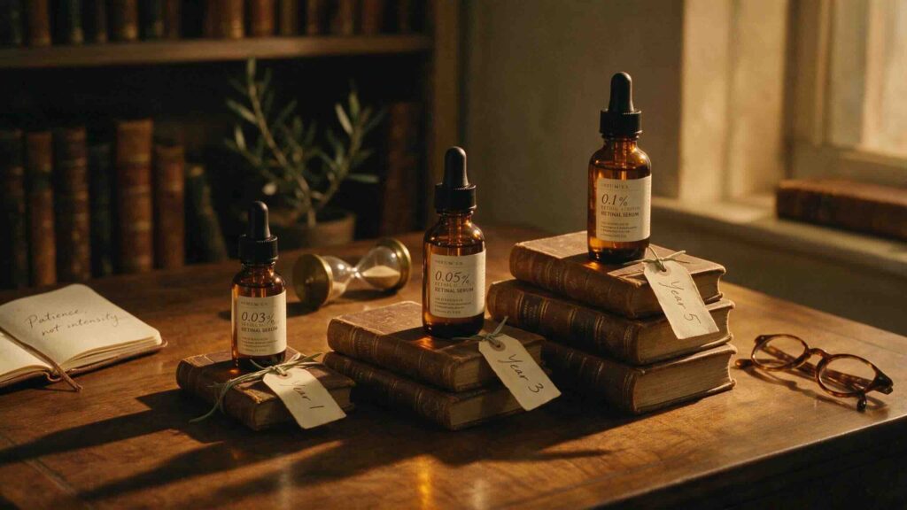 Aesthetic vertical still-life of three amber retinal serum bottles standing in a precise vertical column on a stack of three antique leather-bound books on an antique walnut writing desk with each bottle rising higher representing the years of tolerance-building with a small brass hourglass on its side and a folded pair of tortoiseshell reading glasses in warm evening lamp light