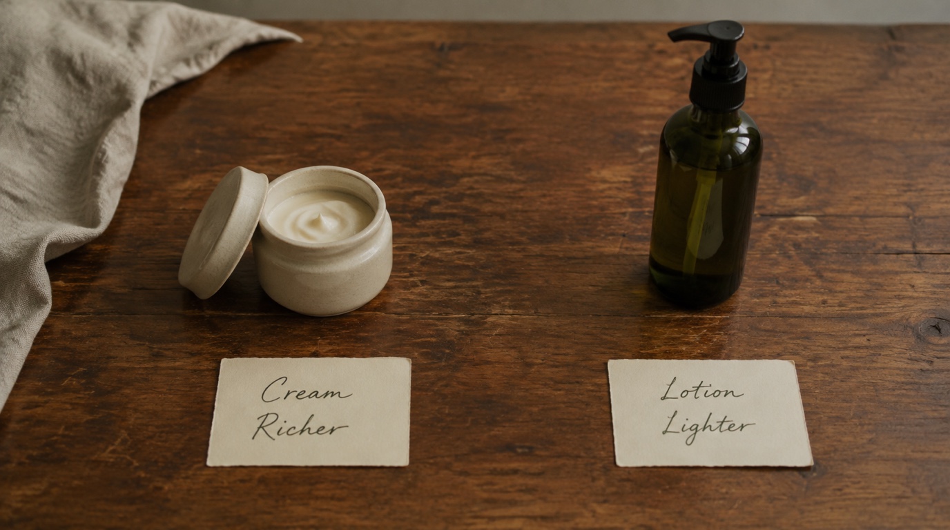 Stoneware cream jar and olive lotion pump on walnut beside cards reading Cream Richer and Lotion Lighter