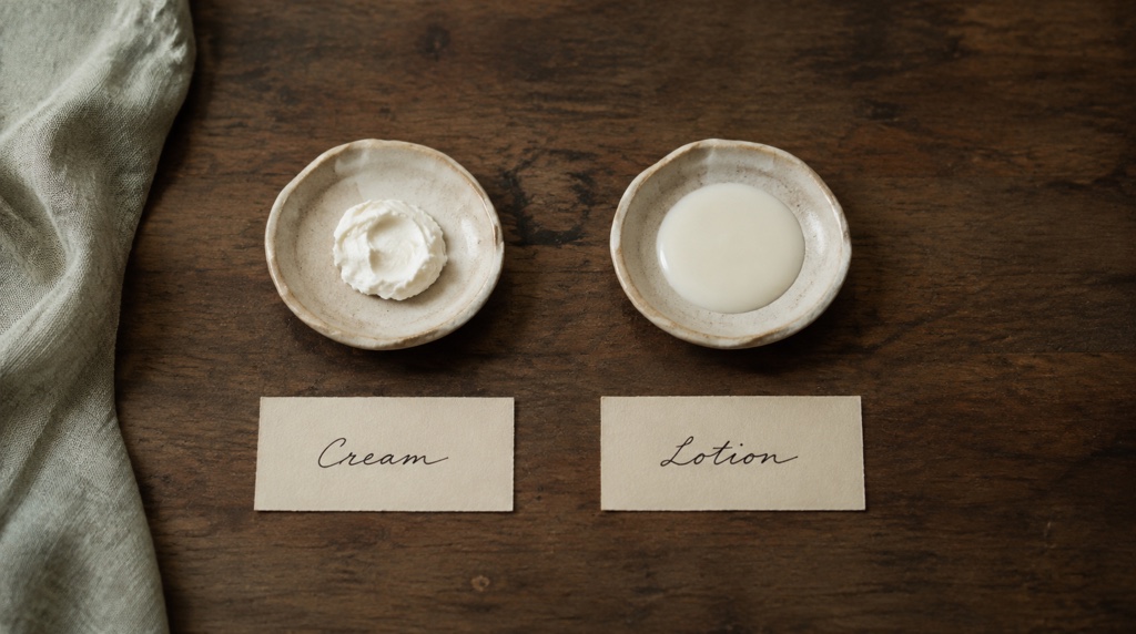 Two stoneware dishes hold thick cream and fluid lotion, with handwritten Cream and Lotion cards on walnut