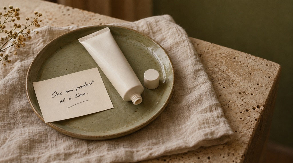 Unbranded skincare tube on a stoneware tray beside a handwritten card reading One new product at a time